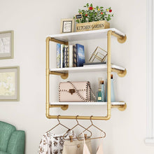 Load image into Gallery viewer, Gold 3-Tier Industrial Pipe Shelf with Hanging Rail